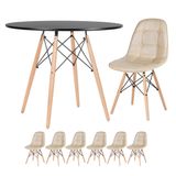 KIT - Mesa Eames 90 cm preto + 6 cadeiras estofadas Eames Eiffel Botonê - Bege