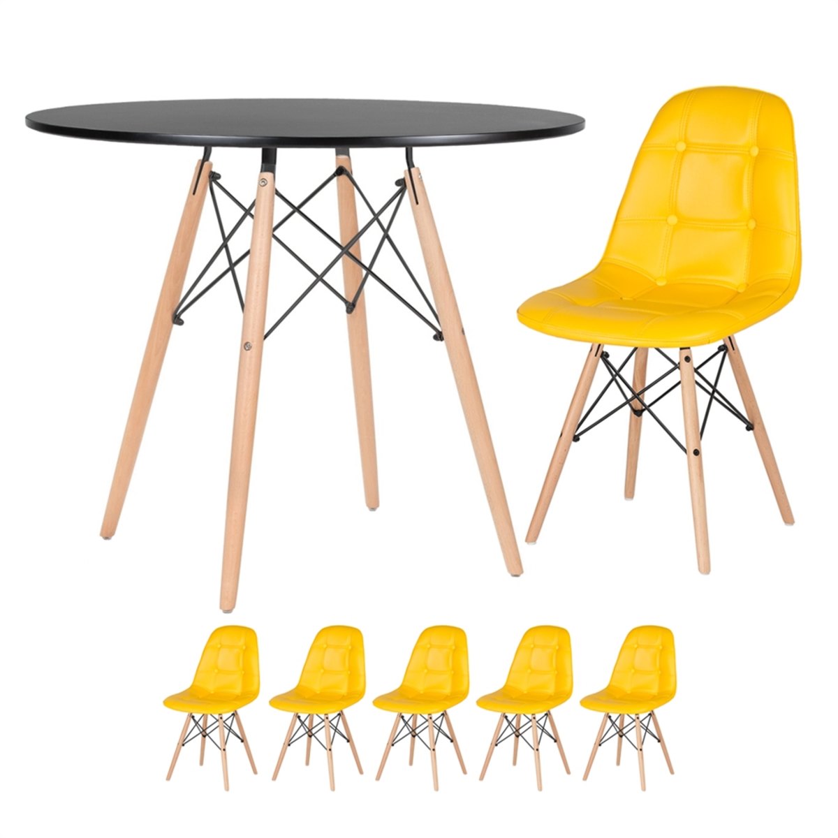 KIT - Mesa Eames 90 cm preto + 5 cadeiras estofadas Eames Eiffel Botonê - Amarelo