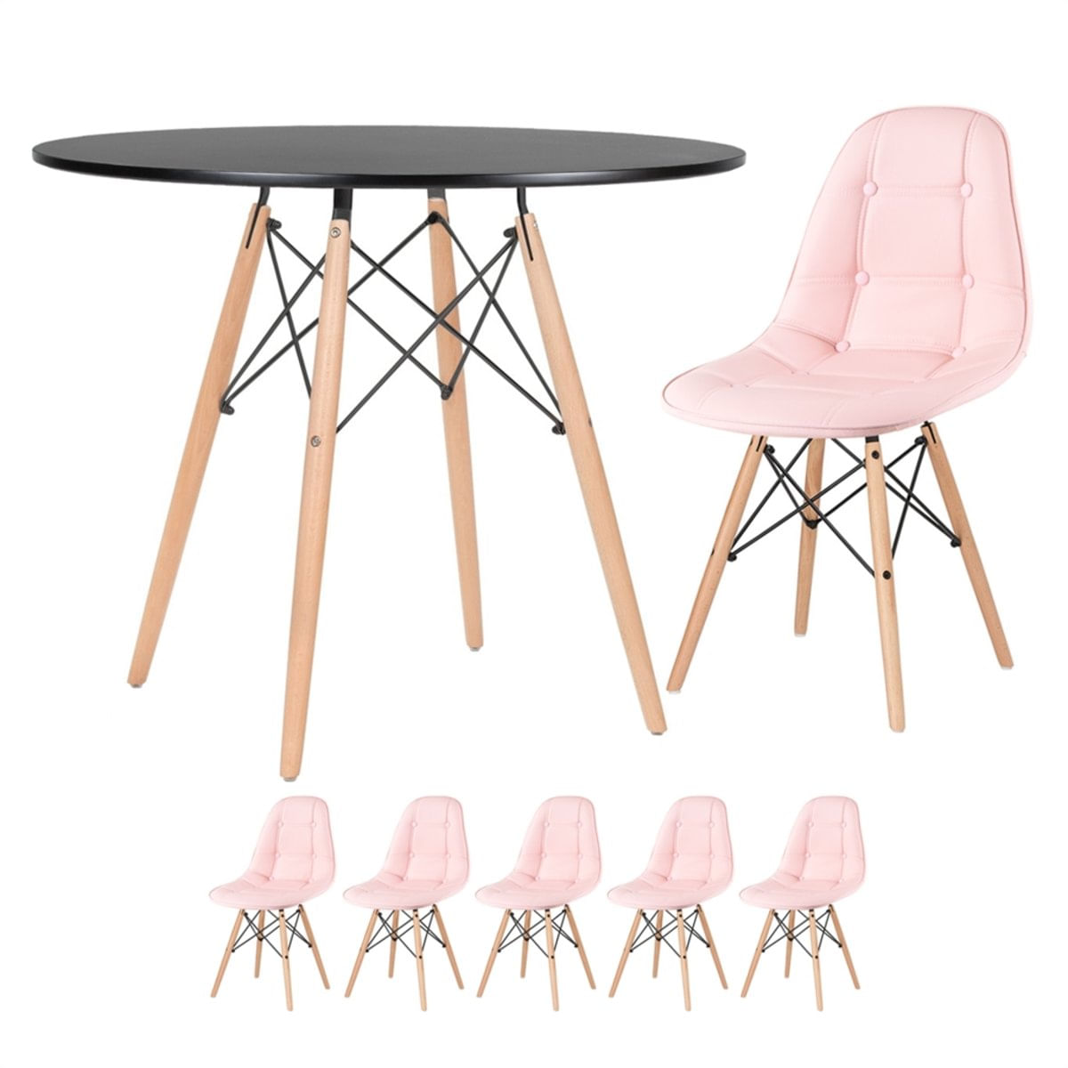 KIT - Mesa Eames 90 cm preto + 5 cadeiras estofadas Eames Eiffel Botonê - Rosa