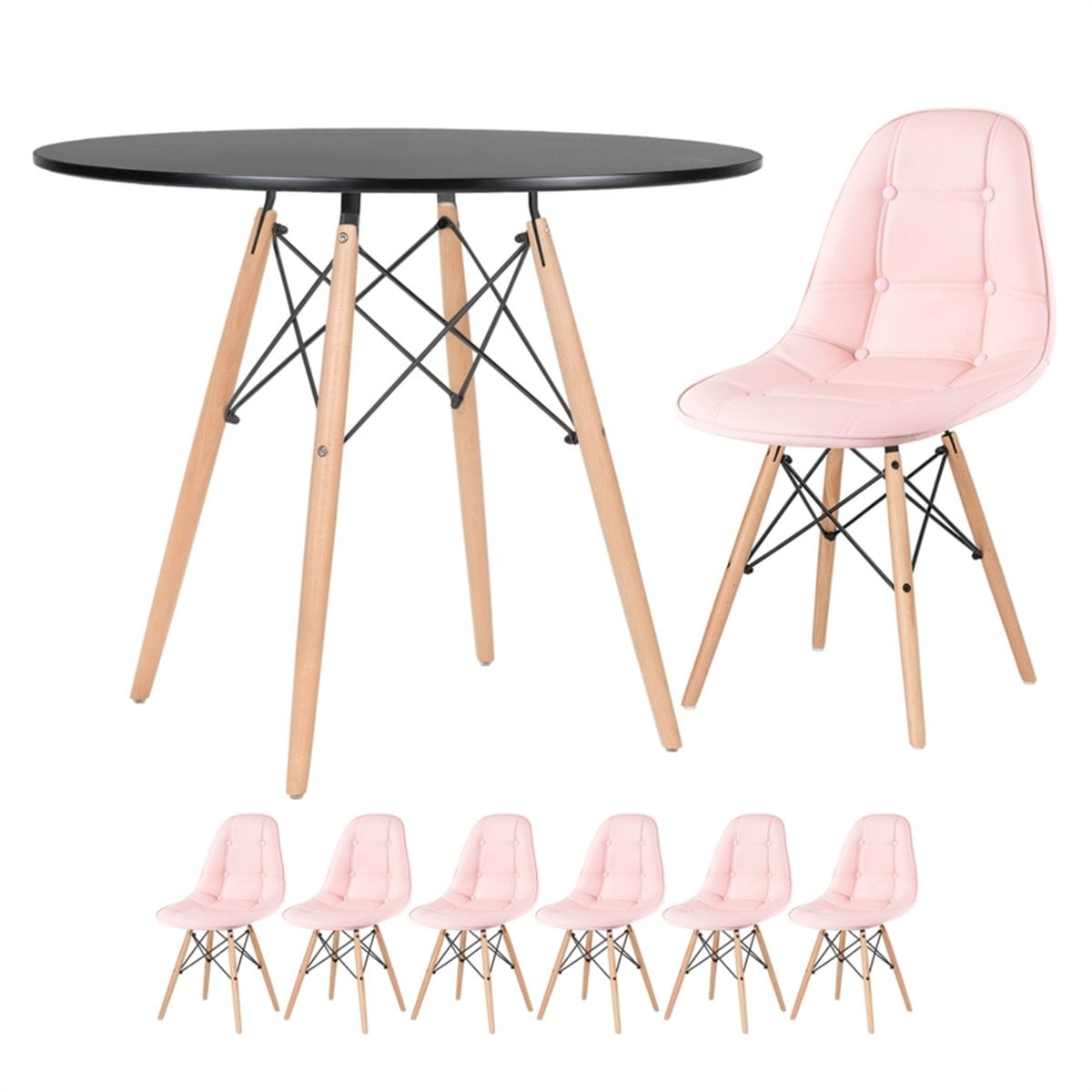 KIT - Mesa Eames 90 cm preto + 6 cadeiras estofadas Eames Eiffel Botonê - Rosa