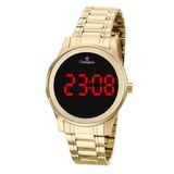 Relógio Feminino Dourado Champion Digital Led Vermelho + Nf