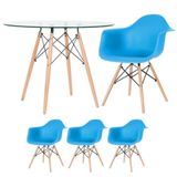 Mesa Redonda Tampo De Vidro 100 Cm + 3 Cadeiras Azul Céu
