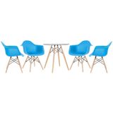 Mesa Redonda Tampo De Vidro 70 Cm + 4 Cadeiras Azul Céu