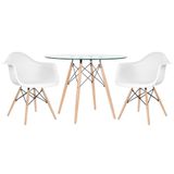 Mesa Redonda Tampo De Vidro 100 Cm + 2 Cadeiras Branco