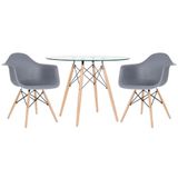 Mesa Redonda Tampo De Vidro 100 Cm + 2 Cadeiras Cinza Escuro