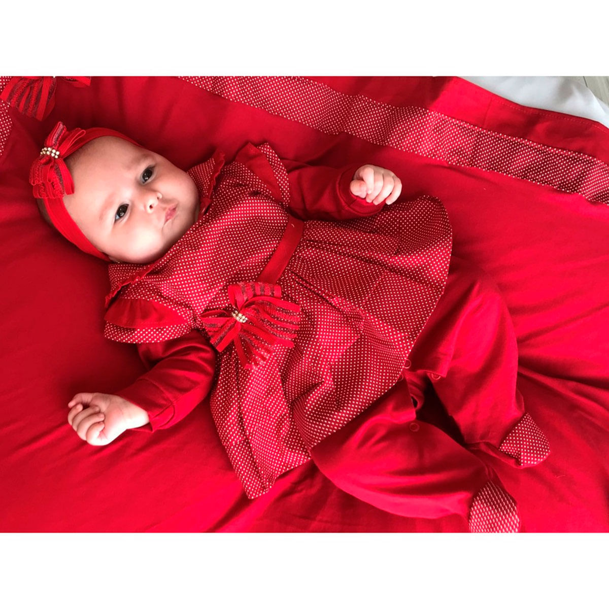 Saida De Maternidade Bebê Com Vestido Laço Vermelho Menina