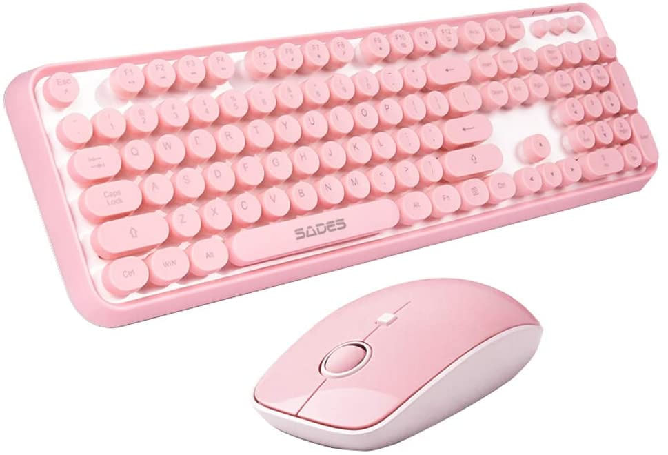 Sades V2020 Teclado Sem Fio E Mouse Combo, Teclado Sem Fio Rosa Com Keycaps Redondas, Conexão Sem Abandono De 2,4 Ghz, Longa Duração Da Bateria, Moue