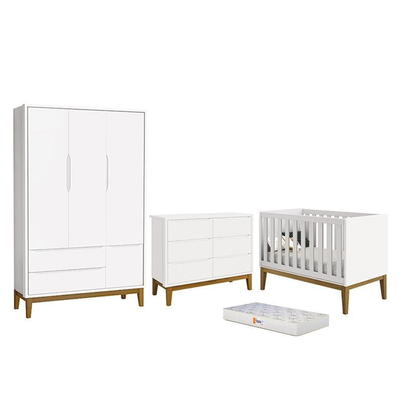 Dormitório Completo Infantil Classic 3 Portas, Cômoda 6 Gavetas, Berço Branco Fosco Com Pés Amadeirado E Colchão D18 - Reller Móveis