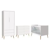 Dormitório Completo Infantil Theo 2 Portas, Cômoda 6 Gavetas E Berço Branco Fosco Com Pés Madeira Natural - Reller Móveis