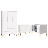 Dormitório Completo Infantil Theo 3 Portas, Cômoda 6 Gavetas E Berço Branco Fosco Com Pés Amadeirado - Reller Móveis