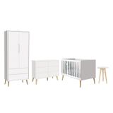 Dormitório Completo Infantil Theo 2 Portas, Cômoda 6 Gavetas, Berço E Mesa De Canto Branco Fosco Com Pés Madeira Natural - Reller Móveis