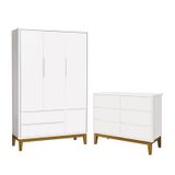 Jogo De Quarto Infantil Classic Guarda Roupa 3 Portas E Cômoda 6 Gavetas Branco Fosco Com Pés Amadeirado - Reller Móveis