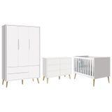 Dormitório Completo Infantil Theo 3 Portas, Cômoda 6 Gavetas E Berço Branco Fosco Com Pés Madeira Natural - Reller Móveis