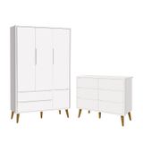 Jogo De Quarto Infantil Theo Guarda Roupa 3 Portas E Cômoda 6 Gavetas Branco Fosco Com Pés Amadeirado - Reller Móveis
