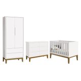 Dormitório Completo Infantil Classic 2 Portas, Cômoda 6 Gavetas E Berço Branco Fosco Com Pés Amadeirado - Reller Móveis