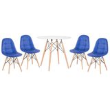 Kit - Mesa Eames Eiffel 80 cm branco + 4 cadeiras estofadas Eames Botonê azul