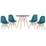 Kit - Mesa Eames Eiffel 80 cm preto + 4 cadeiras estofadas Eames Botonê turquesa