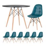 Kit - Mesa Eames 90 cm preto + 6 cadeiras estofadas Eiffel Botonê turquesa