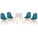 Kit - Mesa Eames Eiffel 80 cm branco + 4 cadeiras estofadas Eames Botonê turquesa