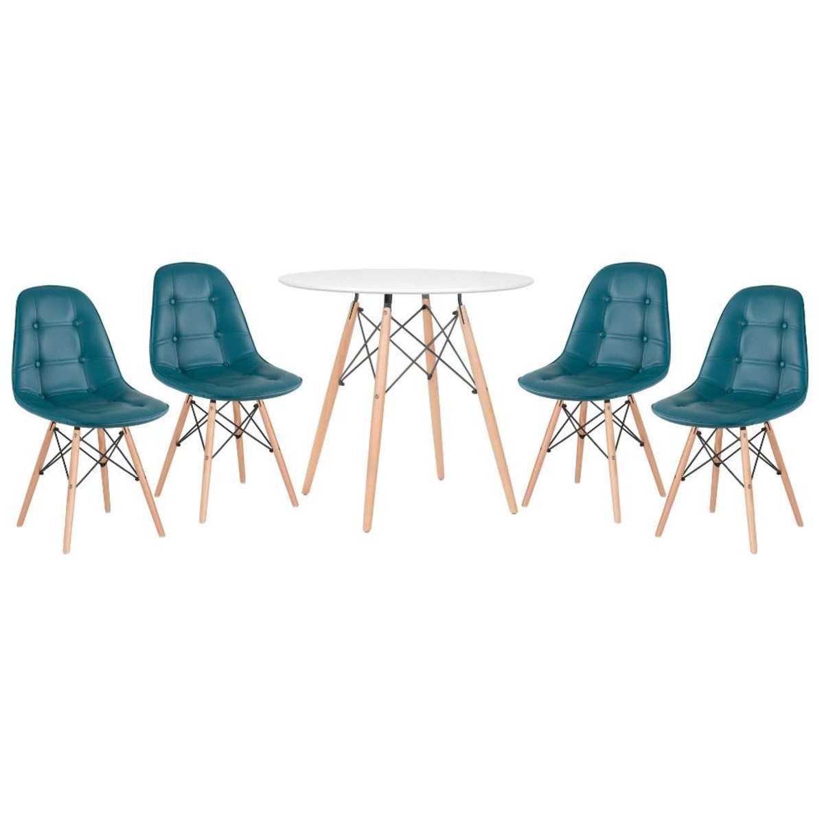 Kit - Mesa Eames Eiffel 80 cm branco + 4 cadeiras estofadas Eames Botonê turquesa