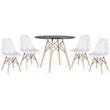 KIT - Mesa Eames Eiffel 90 cm preto + 4 cadeiras estofadas Botonê branco