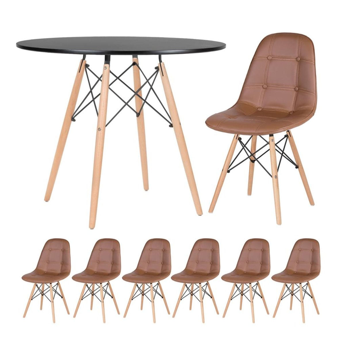 Kit - Mesa Eames 90 cm preto + 6 cadeiras estofadas Eiffel Botonê marrom