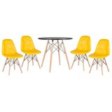 Kit - Mesa Eames Eiffel 80 cm preto + 4 cadeiras estofadas Eames Botonê amarelo