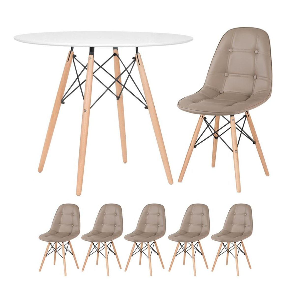 Kit - Mesa Eames 90 cm branco + 5 cadeiras estofadas Eiffel Botonê nude