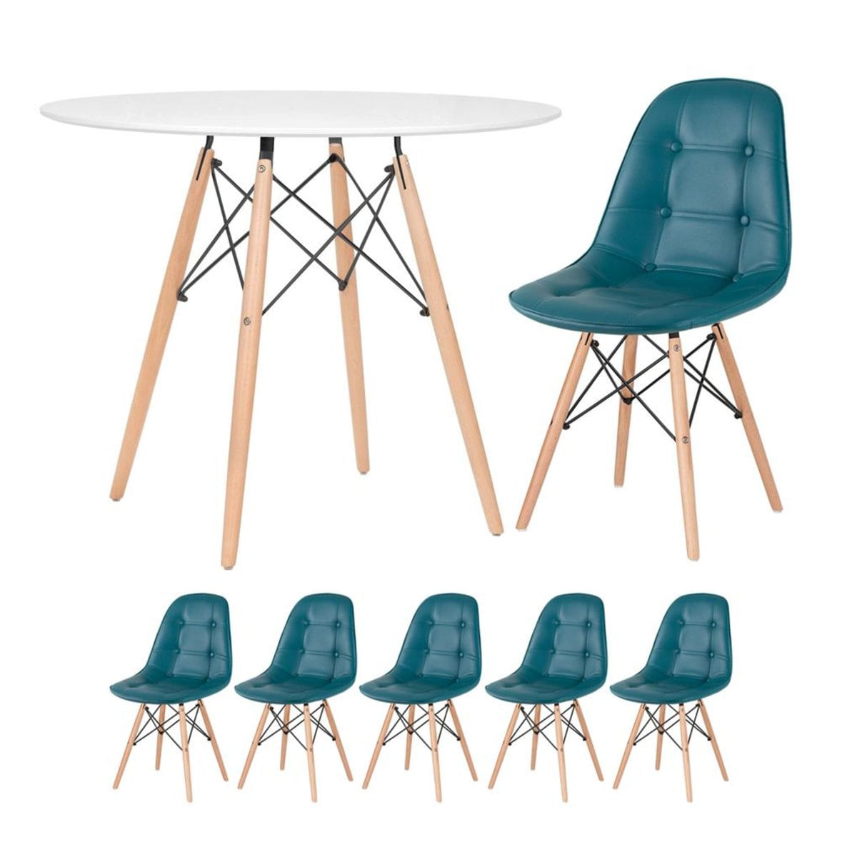 Kit - Mesa Eames 90 cm branco + 5 cadeiras estofadas Eiffel Botonê turquesa