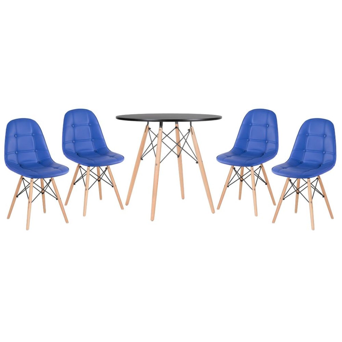 Kit - Mesa Eames Eiffel 80 cm preto + 4 cadeiras estofadas Eames Botonê azul