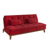 Sofá-Cama 3 Lugares Casal Amanda com Pés de Madeira Suede Vermelho