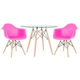 Mesa Redonda Eames Com Tampo De Vidro 100 Cm + 2 Cadeiras Eiffel Daw Rosa Pink