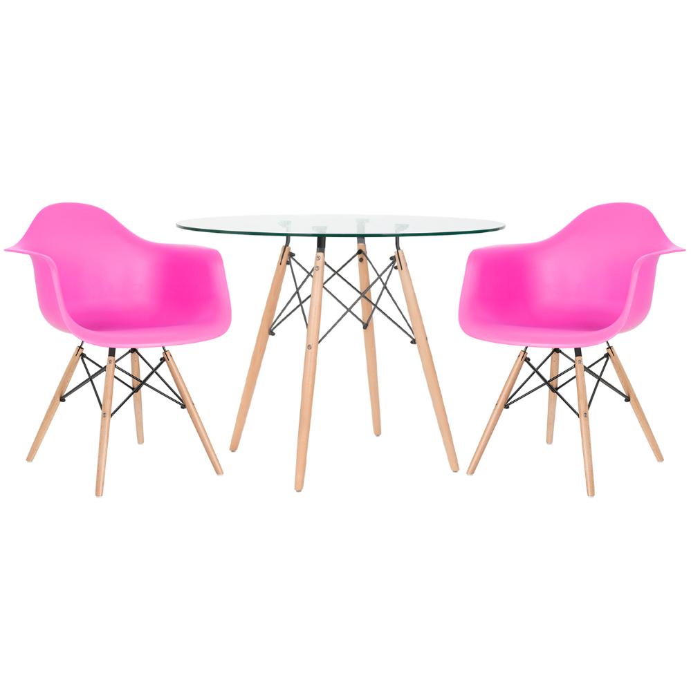 Mesa Redonda Eames Com Tampo De Vidro 100 Cm + 2 Cadeiras Eiffel Daw Rosa Pink