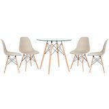 Kit - Mesa Redonda De Vidro Eames 80 Cm + 4 Cadeiras Eiffel Dsw Nude