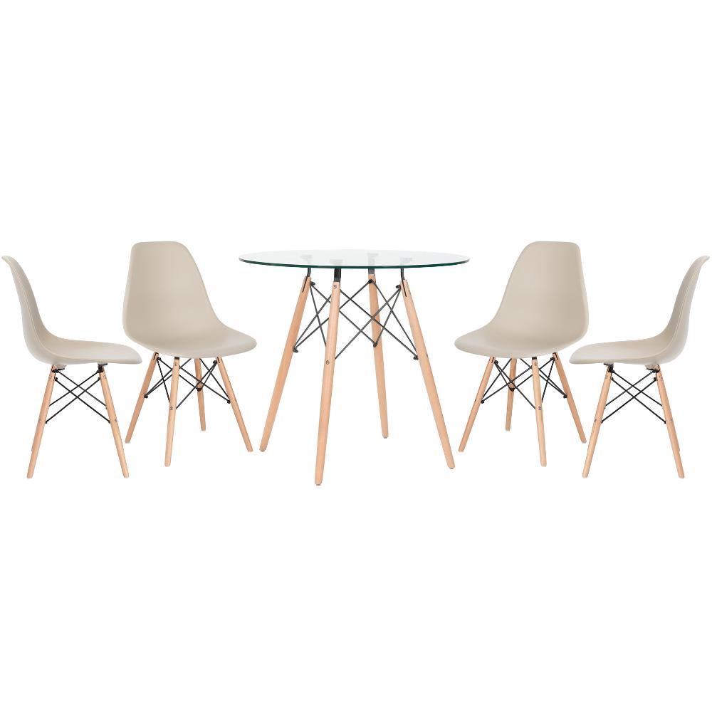 Kit - Mesa Redonda De Vidro Eames 80 Cm + 4 Cadeiras Eiffel Dsw Nude