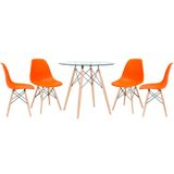 Kit - Mesa Redonda De Vidro Eames 80 Cm + 4 Cadeiras Eiffel Dsw Laranja
