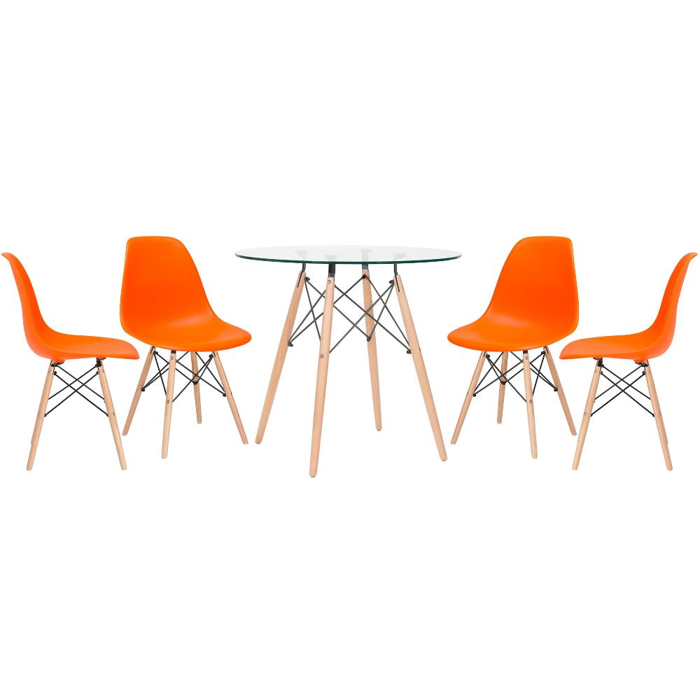 Kit - Mesa Redonda De Vidro Eames 80 Cm + 4 Cadeiras Eiffel Dsw Laranja