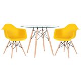 Mesa Redonda Eames Com Tampo De Vidro 100 Cm + 2 Cadeiras Eiffel Daw Amarelo