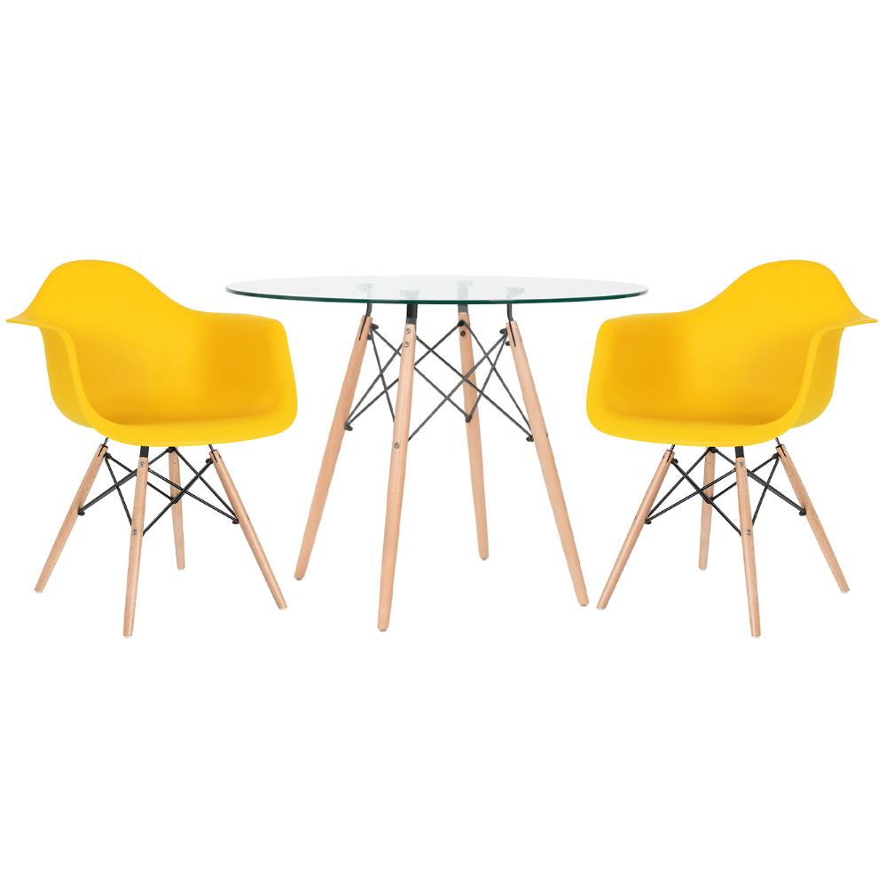 Mesa Redonda Eames Com Tampo De Vidro 100 Cm + 2 Cadeiras Eiffel Daw Amarelo