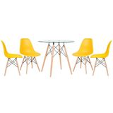 Kit - Mesa Redonda De Vidro Eames 80 Cm + 4 Cadeiras Eiffel Dsw Amarelo