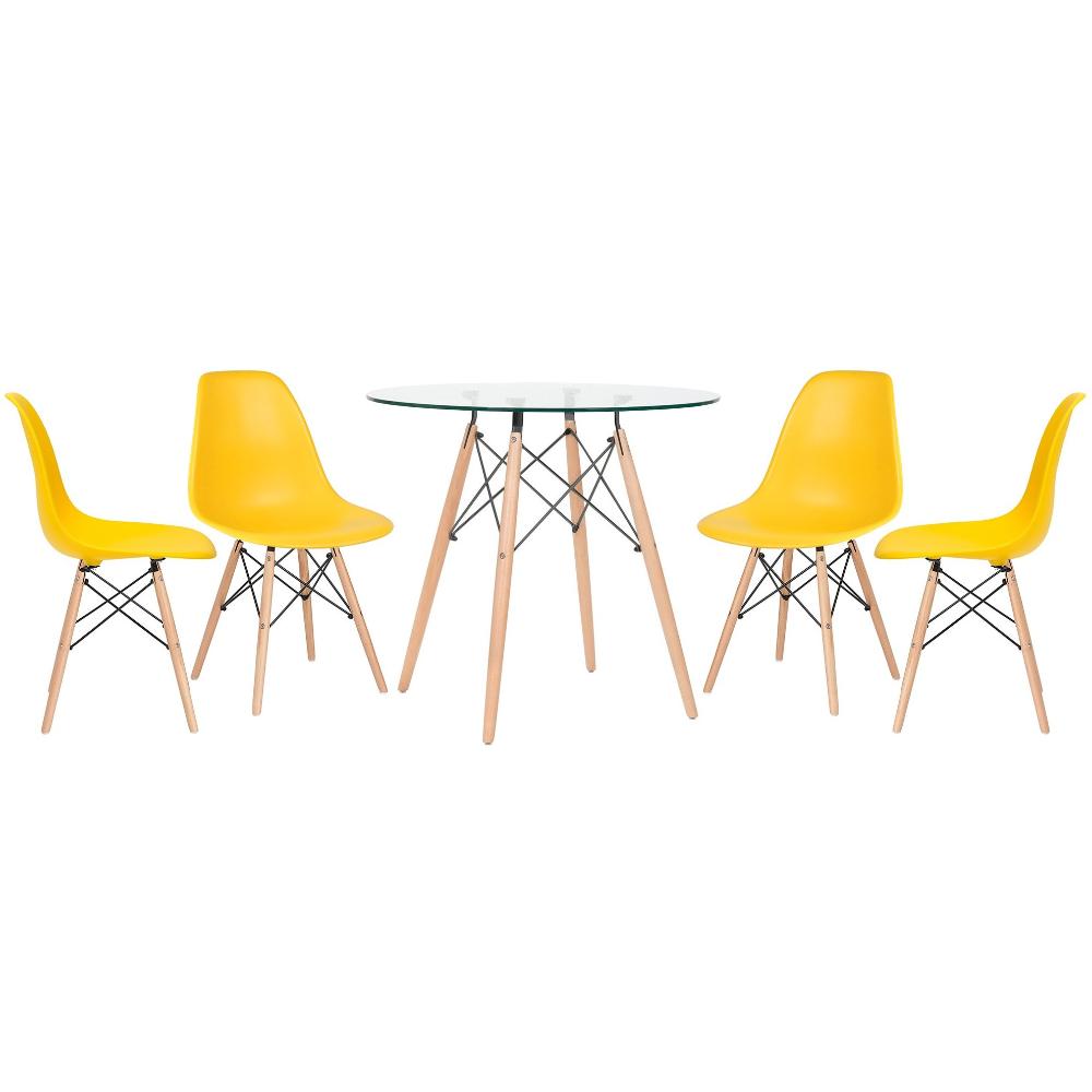 Kit - Mesa Redonda De Vidro Eames 80 Cm + 4 Cadeiras Eiffel Dsw Amarelo