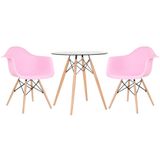 Kit - Mesa Redonda De Vidro Eames 70 Cm + 2 Cadeiras Eiffel Daw Rosa Claro