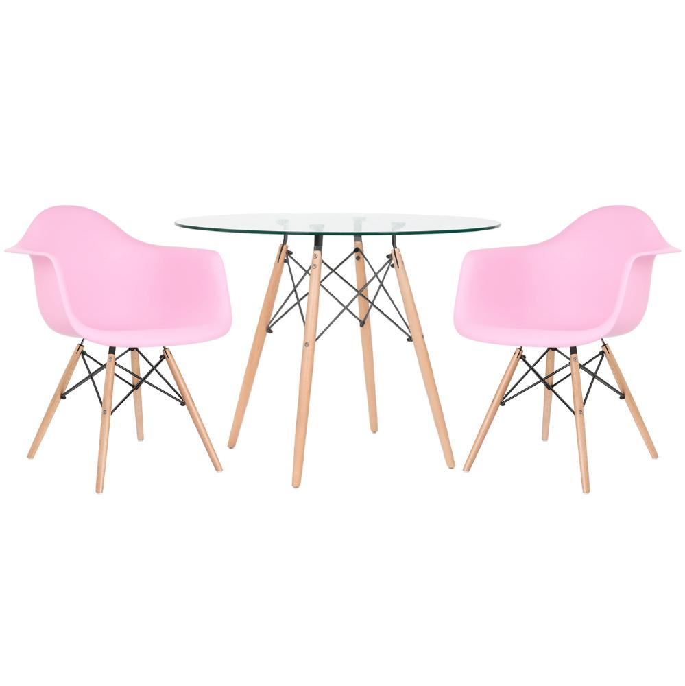 Mesa Redonda Eames Com Tampo De Vidro 100 Cm + 2 Cadeiras Eiffel Daw Rosa Claro