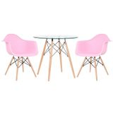 Kit - Mesa Redonda De Vidro Eames 80 Cm + 2 Cadeiras Eiffel Daw Rosa Claro
