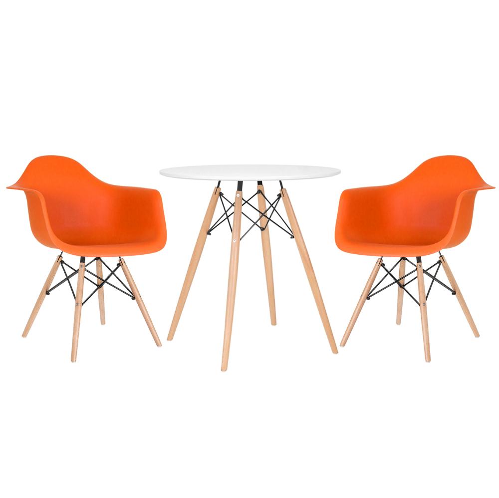 Kit - Mesa Eames 70 Cm Branco + 2 Cadeiras Eiffel Daw Com Braços Laranja