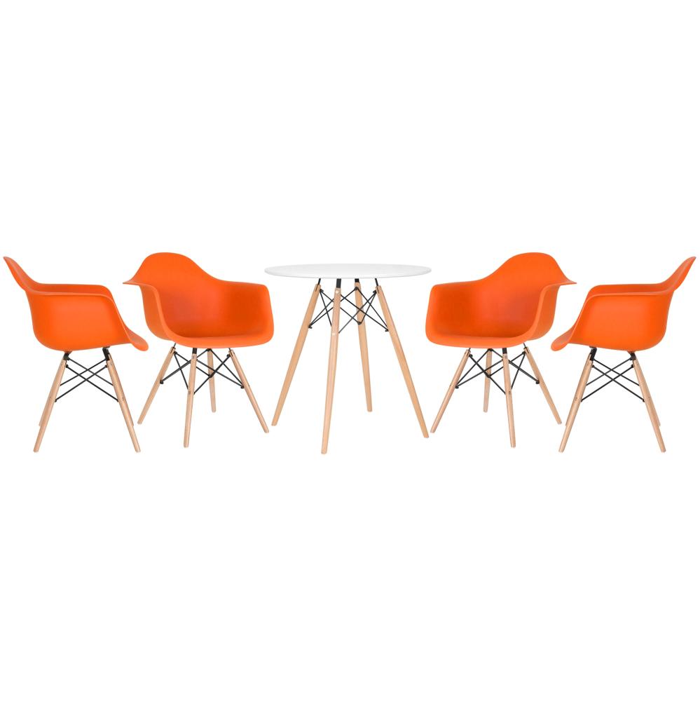 Kit - Mesa Eames 70 Cm Branco + 4 Cadeiras Eiffel Daw Com Braços Laranja