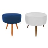 Puff Banqueta Magnus Redondo Branco Azul Pés Castanho 2Peças