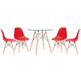 Kit - Mesa Redonda De Vidro Eames 80 Cm + 4 Cadeiras Eiffel Dsw Vermelho