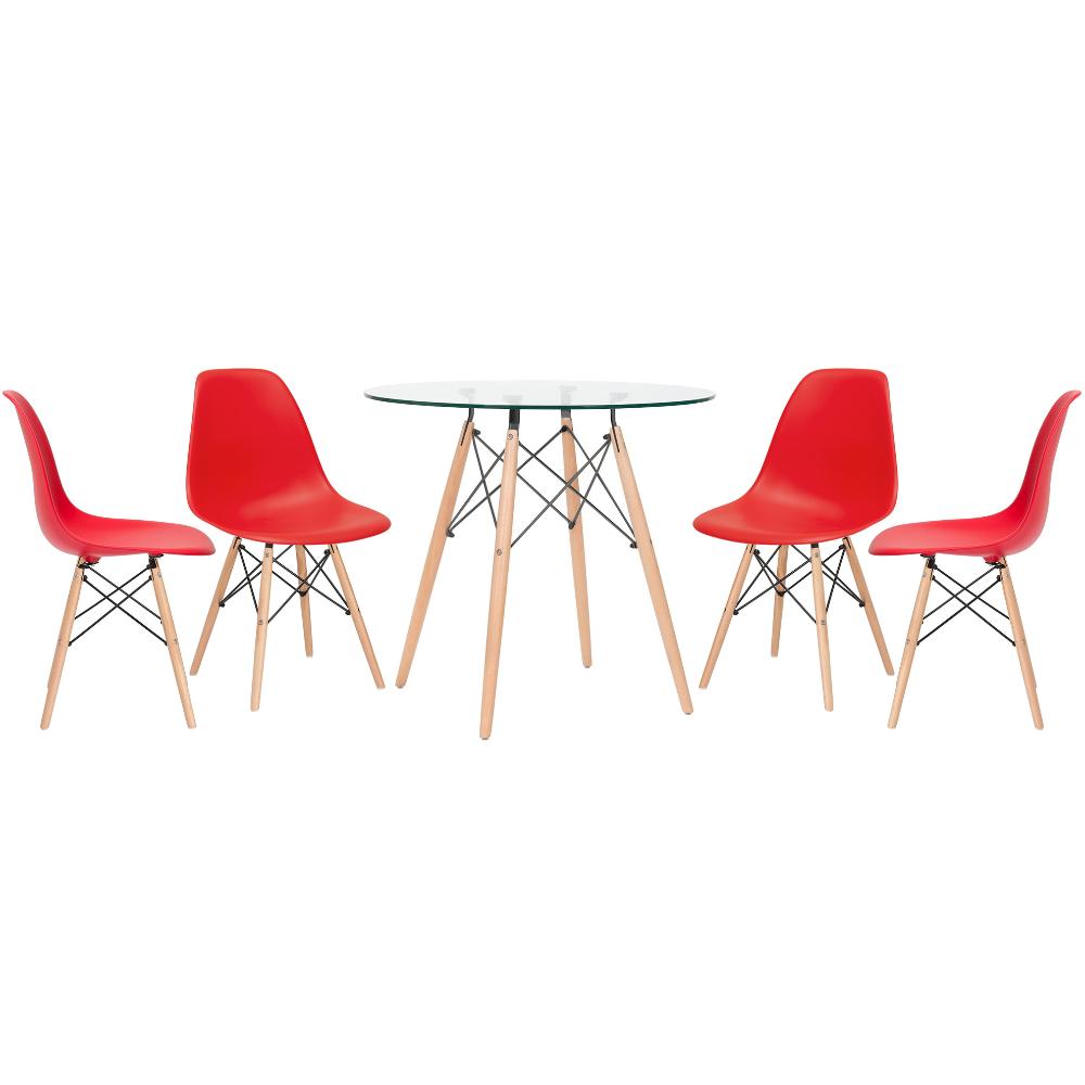 Kit - Mesa Redonda De Vidro Eames 80 Cm + 4 Cadeiras Eiffel Dsw Vermelho