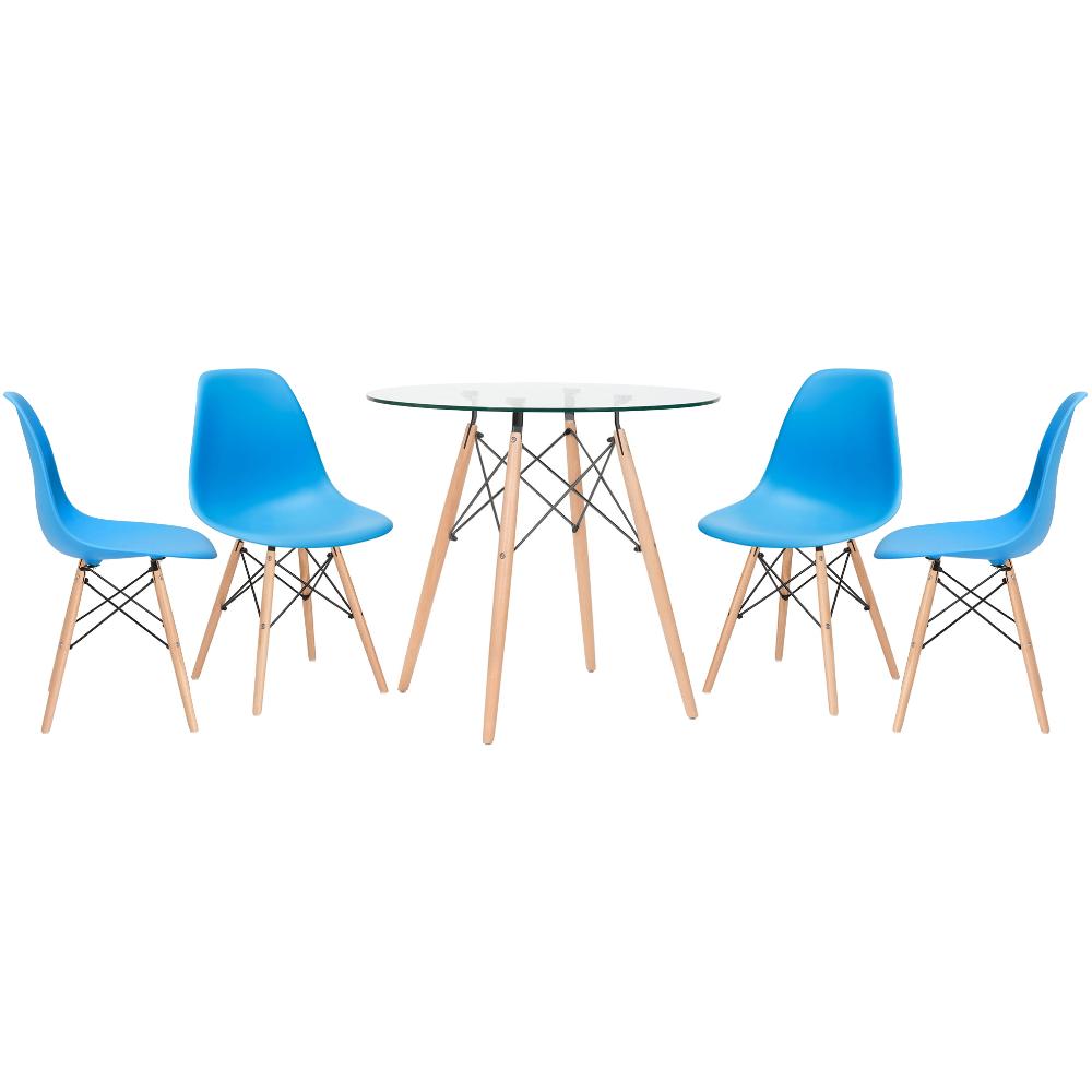 Kit - Mesa Redonda De Vidro Eames 80 Cm + 4 Cadeiras Eiffel Dsw Azul Céu